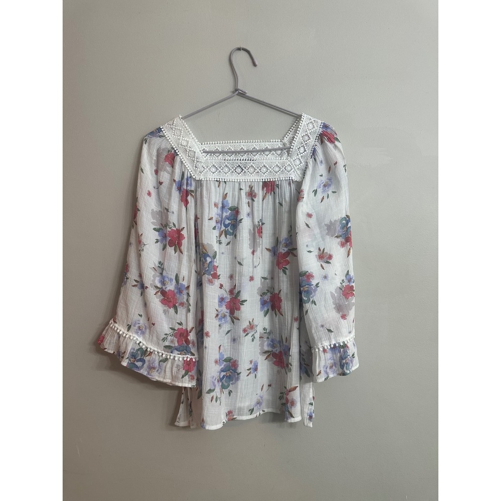 Zac & Rachel Floral Crochet Lace Square Neck Bell Sleeve Peasant Boho Blouse M